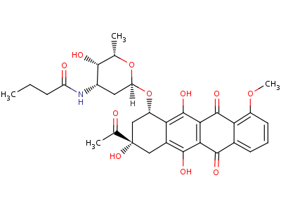 N-[6-[(3-乙酰基-3,5,12-三羥基-10-甲氧基-6,11-二氧代-2,4-二氫-1H-并四苯-1-基)氧基]-3-羥基-2-甲基四氫吡喃-4-基]丁酰胺結(jié)構(gòu)式,38942-41-5結(jié)構(gòu)式