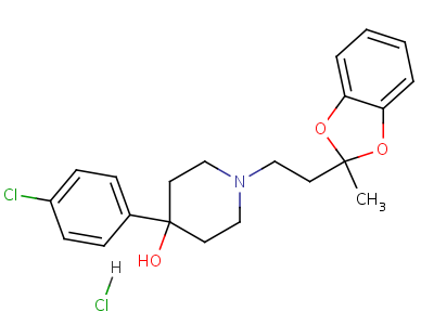 4-Piperidinol, 4-(p-chlorophenyl)-1-(2-(2-methyl-1,3-benzodioxol-2-yl)ethyl)-, hydrochlorideStructure,52502-60-0Structure 4-Piperidinol, 4-(p-chlorophenyl)-1-(2-(2-methyl-1,3-benzodioxol-2-yl)ethyl)-, hydrochloride Structure,52502-60-0Structure