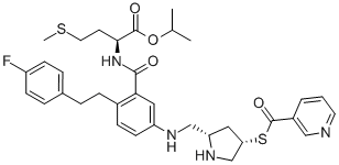 N-[2-[2-(4-氟苯基)乙基]-5-[[[(2S,4S)-4-[(3-吡啶羰基)硫代]-2-吡咯啉]甲基]氨基]芐基]-L-蛋氨酸 1-甲基乙酯結構式_345915-10-8結構式