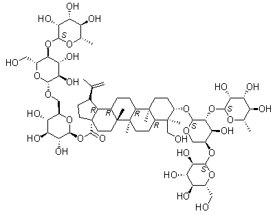 3-O-b-D-葡萄糖( 1→4)-[ a -L-鼠李糖(1→2)]- a-L-阿拉伯糖 23-羥基羽扇豆20(29)-烯-28–酸- 28-O-鼠李糖(1→4)葡萄糖(1→6)葡萄糖苷結(jié)構式_366814-43-9結(jié)構式