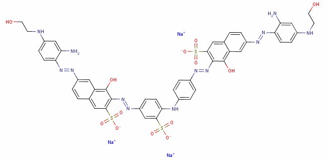 6-[[2-氨基-4-[(2-羥基乙基)氨基]苯基]偶氮]-3-[[4-[[4-[[7-[[2-氨基-4-[(2-羥基乙基)氨基]苯基]偶氮]-1-羥基-3-磺基-2-萘基]偶氮]苯基]氨基]-3-磺基苯基]偶氮]-4-羥基-2-萘磺酸三鈉鹽結構式_6428-38-2結構式