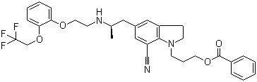 1-[3-(苯甲?；趸?丙基]-2,3-二氫-5-[(2R)-2-[[2-[2-(2,2,2-三氟乙氧基)苯氧基]乙基]氨基]丙基]-1H-吲哚-7-甲腈結(jié)構(gòu)式_885340-11-4結(jié)構(gòu)式