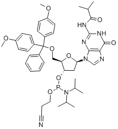 5-O-(4,4-二甲氧基三苯甲基)-N-異丁?；?2-脫氧鳥苷-3-(2-氰基乙基-N,N-二異丙基)亞磷酰胺結(jié)構(gòu)式_93183-15-4結(jié)構(gòu)式
