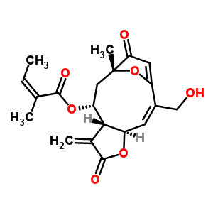 (Z)-2-甲基-2-丁烯酸 (3aR,4R,6R,10Z,11aR)-2,3,3a,4,5,6,7,11alpha-八氫-10-羥基甲基-6-甲基-3-亞甲基-2,7-二氧代-6,9-環(huán)氧環(huán)癸并[b]呋喃-4-基酯結構式_59481-48-0結構式